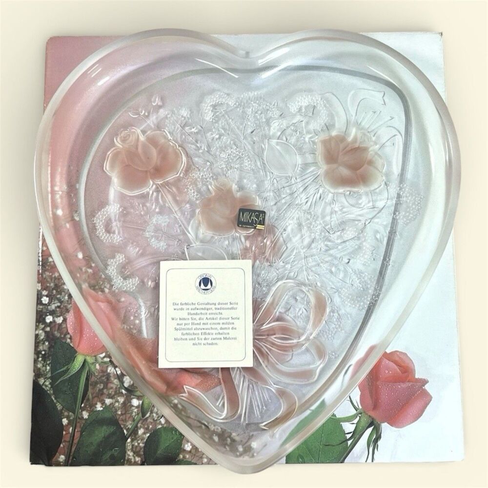 VTG Mikasa Crystal Heart Serving Tray Sweetheart Bouquet Dish Roses - W. Germany